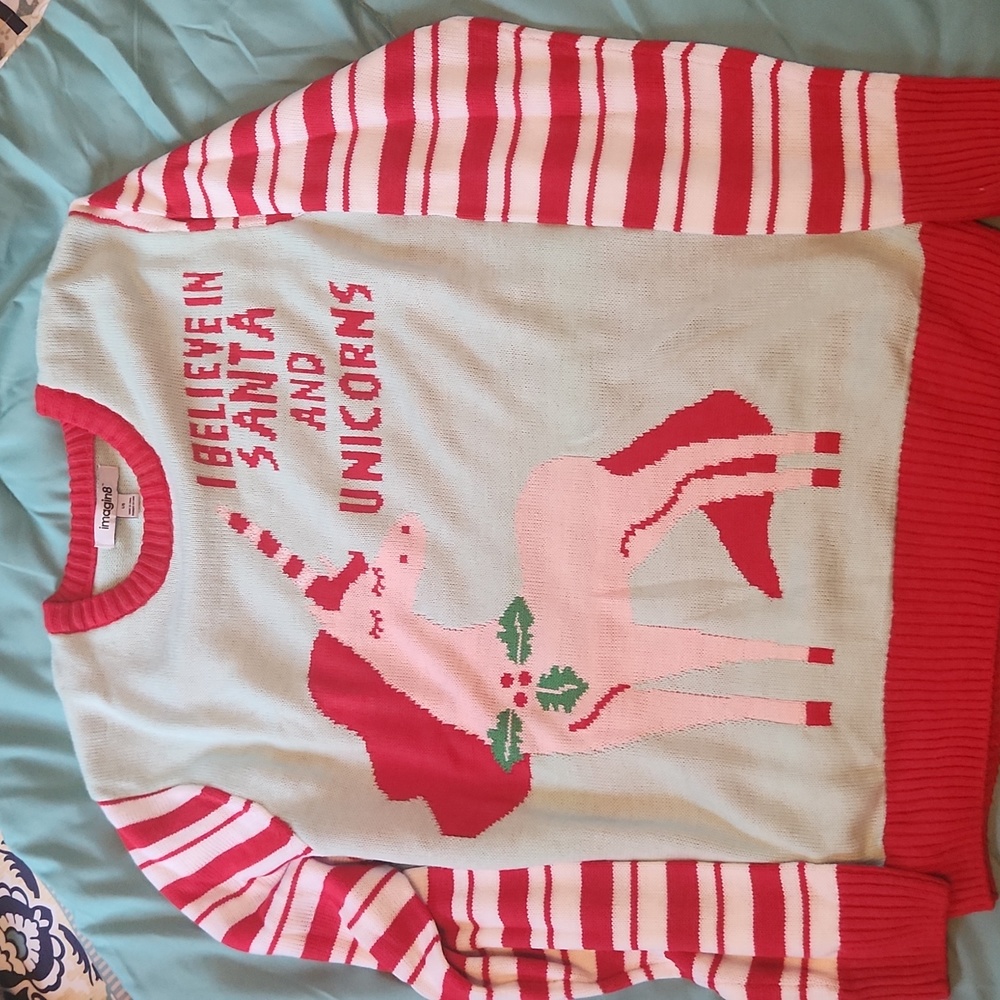Christmas sweater. Mint green with candy cane sleeves.  Size L.